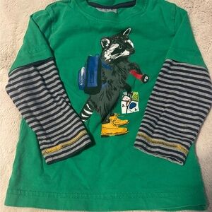 3t Hanna Andersson Green Raccoon Graphic Long-Sleeve Tee with Striped Sleeves